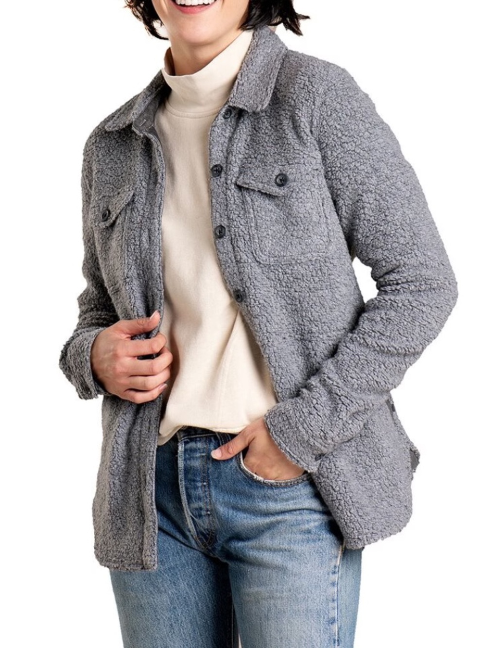 Toad & Co. Wool Blend Telluride Gray Sherpa Cozy Button Front Shirt Jacket Large